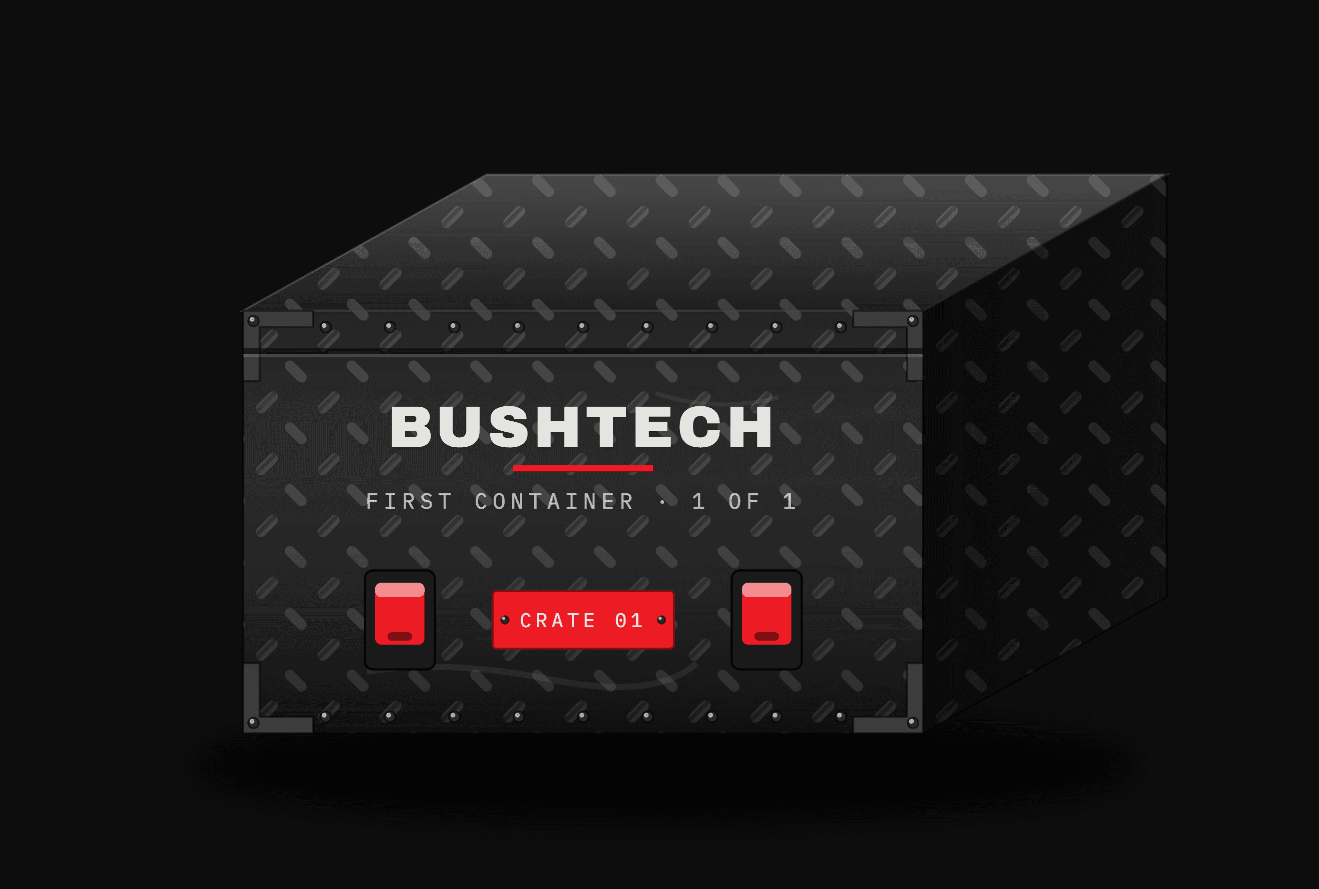 The first container crate: black tread plate with the Bushtech mark, red latches and a red numbered plate